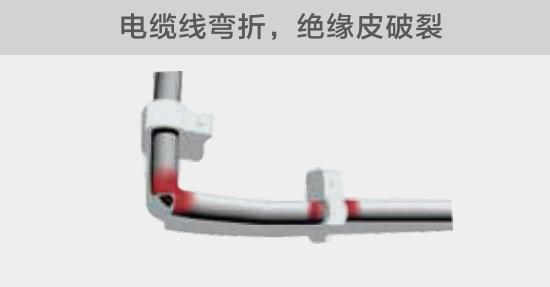 在安裝過程中，由于電線的彎曲半徑過小，或是線夾過緊，導(dǎo)致線纜絕緣皮破裂，產(chǎn)生電弧隱患